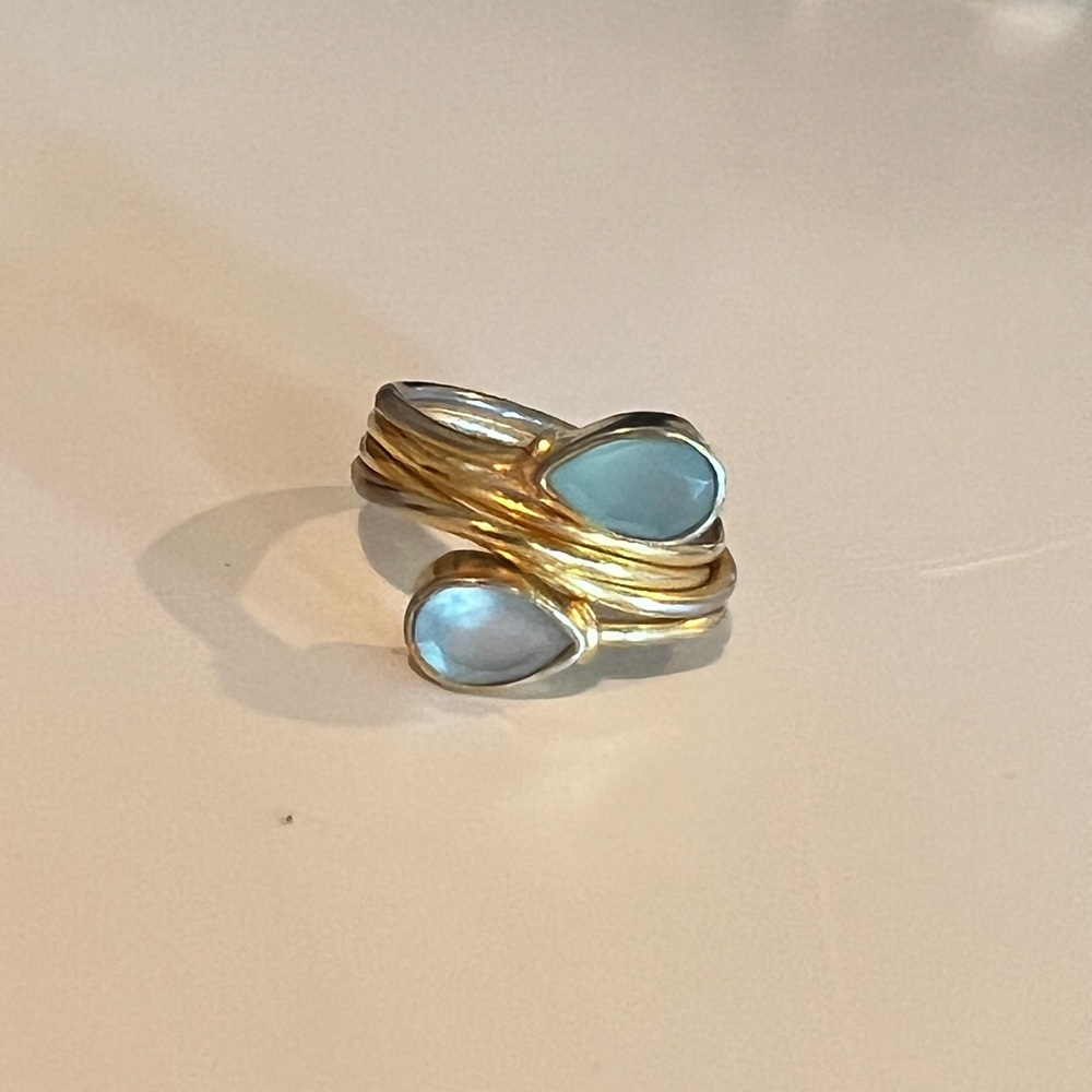 Gold wire wrapped blue crystal ring